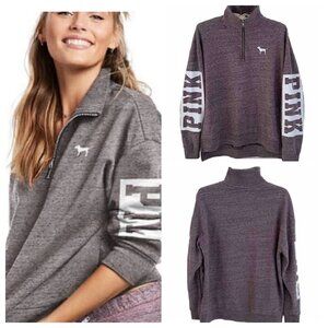 Victorias Secret Pink Pullover Sweatshirt L Heather Gray Purple Quarter-Zip 1/4